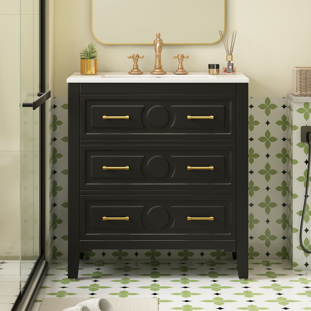 Retro Bathroom Vanity With Sink Combo, Free Standing Single Set With 3 Drawers