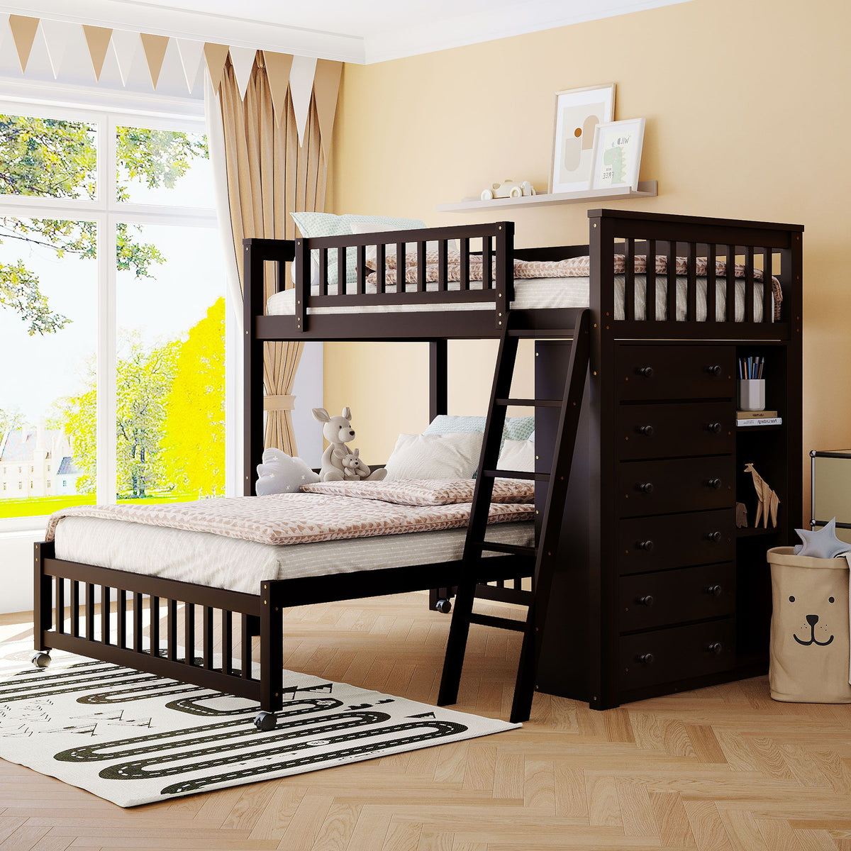 Bunk Bed With 6 Drawers And Flexible Shelves, Bottom Bed With Wheels