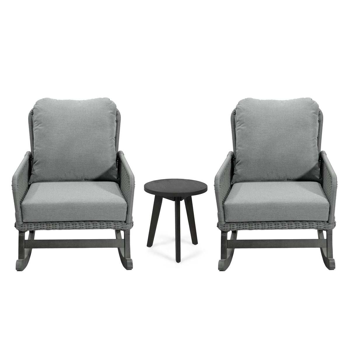 Modern 3 Piece Outdoor Seating Set With Cushioned Rattan Rocking Chairs And Wooden Accent Table