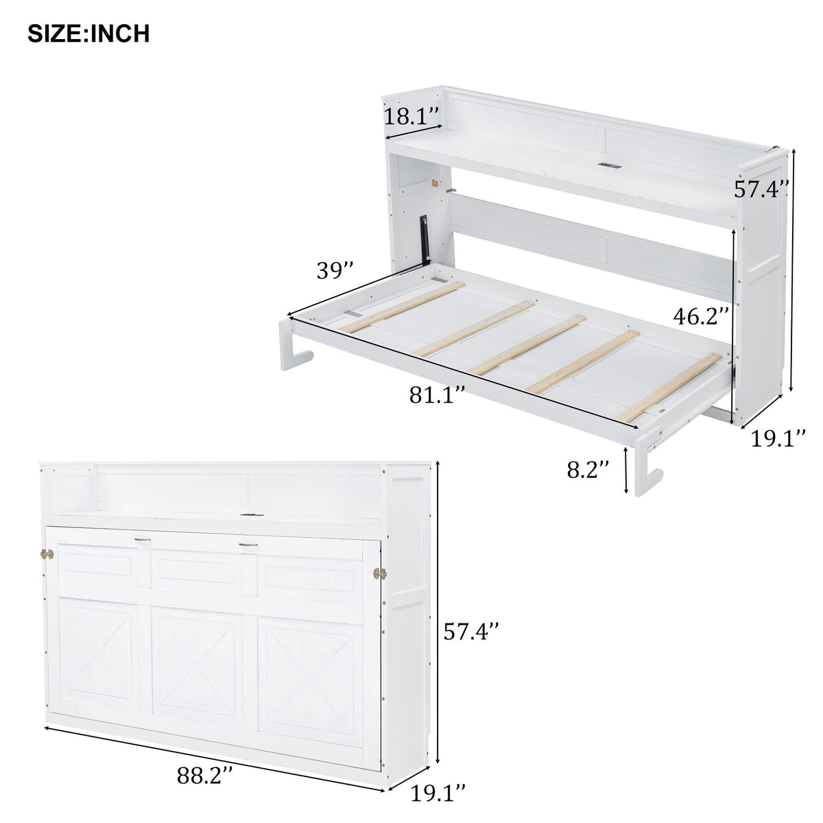 Murphy Bed With Desk, LED Light And USB Charging Station