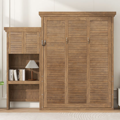 Queen Size Murphy Bed With Louvered Design And Multiple Storage Shelves - Wood