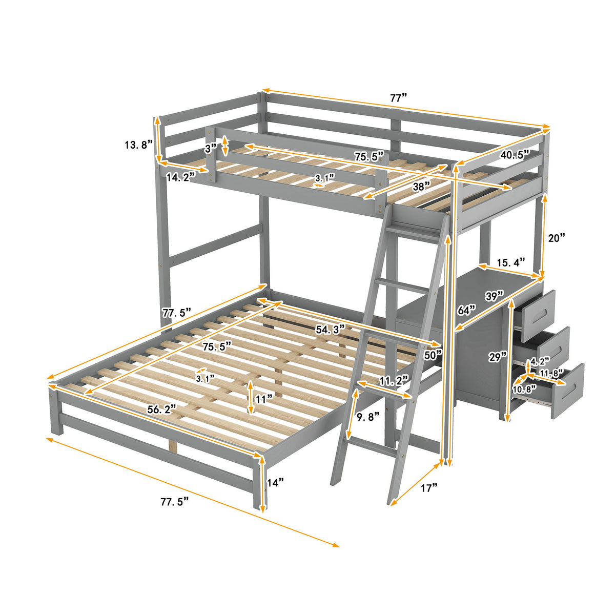 Bunk Bed With Built In Desk And 3 Drawers