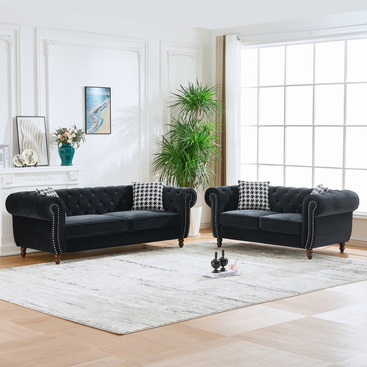 Chesterfield 3 And 2 Seater Upholstery Sofa With Roll Armrest & Nailhead Fabric Couch