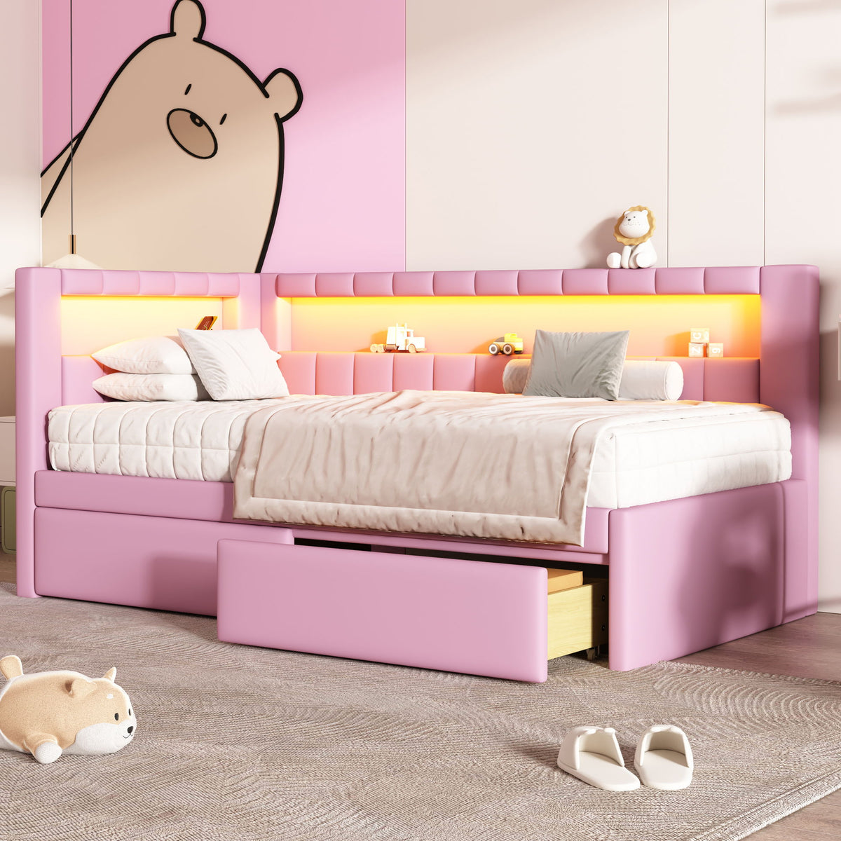 Upholstered Platform Bed With USB Ports And LED Belt