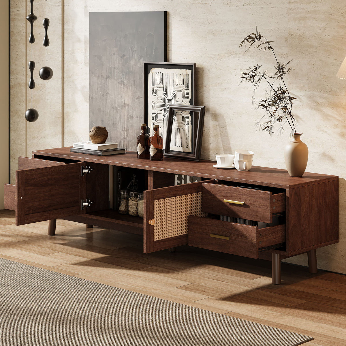 70" TV Stand With Doors For TVs Up To 80", Media Console With 4 Drawers & Cable Holes - Dark Brown