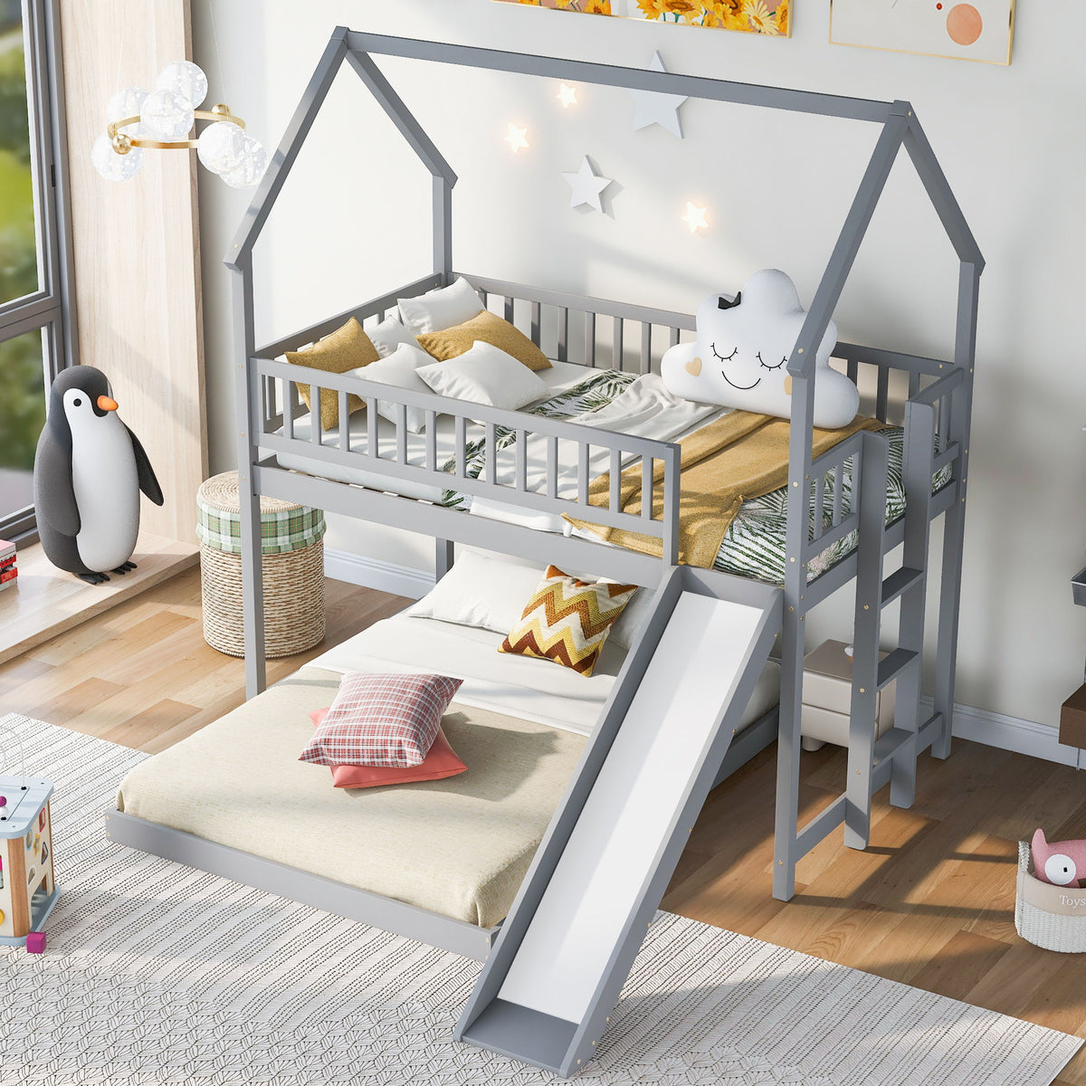 House Bunk Bed With Slide And Built In Ladder