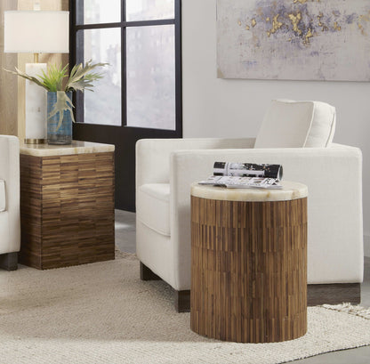 One - Stone Wood Tile Round End Table - Onyx And Solid Teak