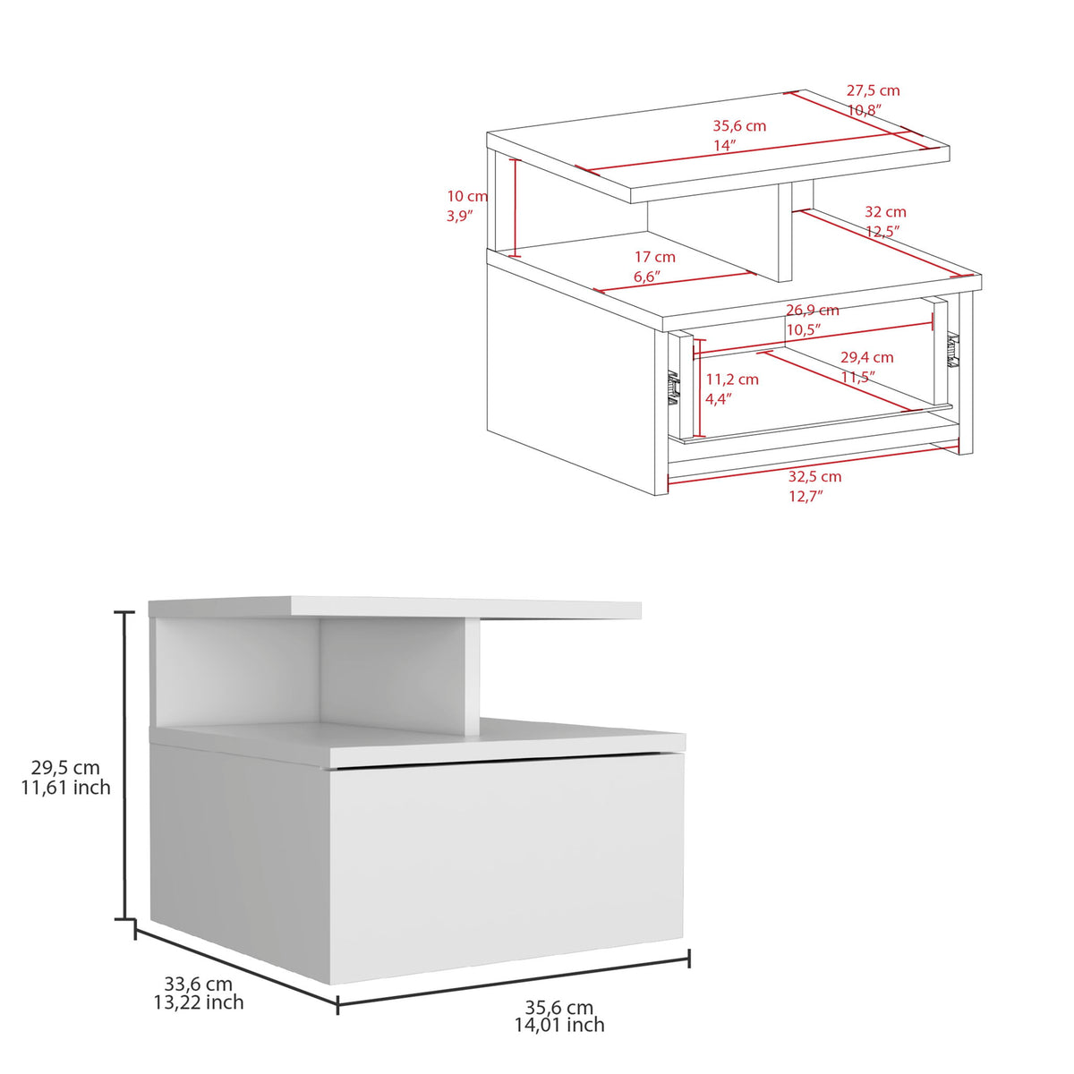 Flopini - Floating Nightstand With 1 Drawer, Compact Size - White