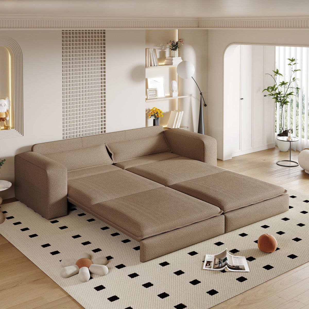 King Size Sleeper Pull Out Sofa Bed, 3 In 1 Convertible Chaise Lounge With 2 Pillows For Living Room - Camel