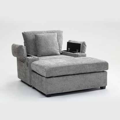 Modern Oversized Chair With Ottoman, Chenille Fabric Sofa Bed, Accent Chair Comfy Sofa With Cupholders And USB Charging Ports Chair For Living Room - Gray