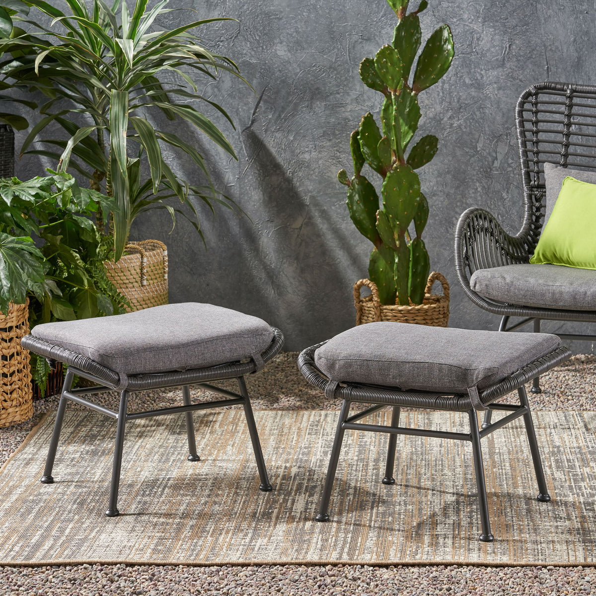 Outdoor Modern Boho Wicker Ottoman With Cushions (Set of 2)