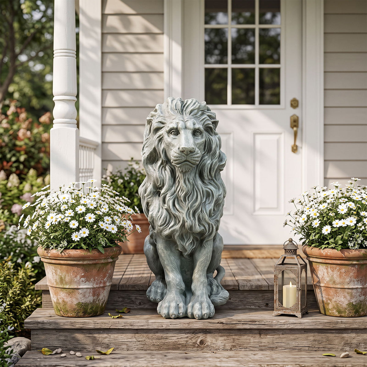 Sitting Lion Statue Outdoor Garden Lawn Decor - Grayish Green