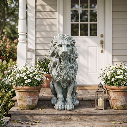 Sitting Lion Statue Outdoor Garden Lawn Decor - Grayish Green