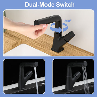 Pull Down Bathroom Sink Faucet With Three Water Modes And Construction - Matte Black