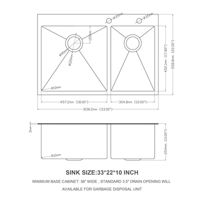 Double Bowl Kitchen Sink 16 Gauge 33" X 22" With 2 10" Deep Basins - Gunmetal Black