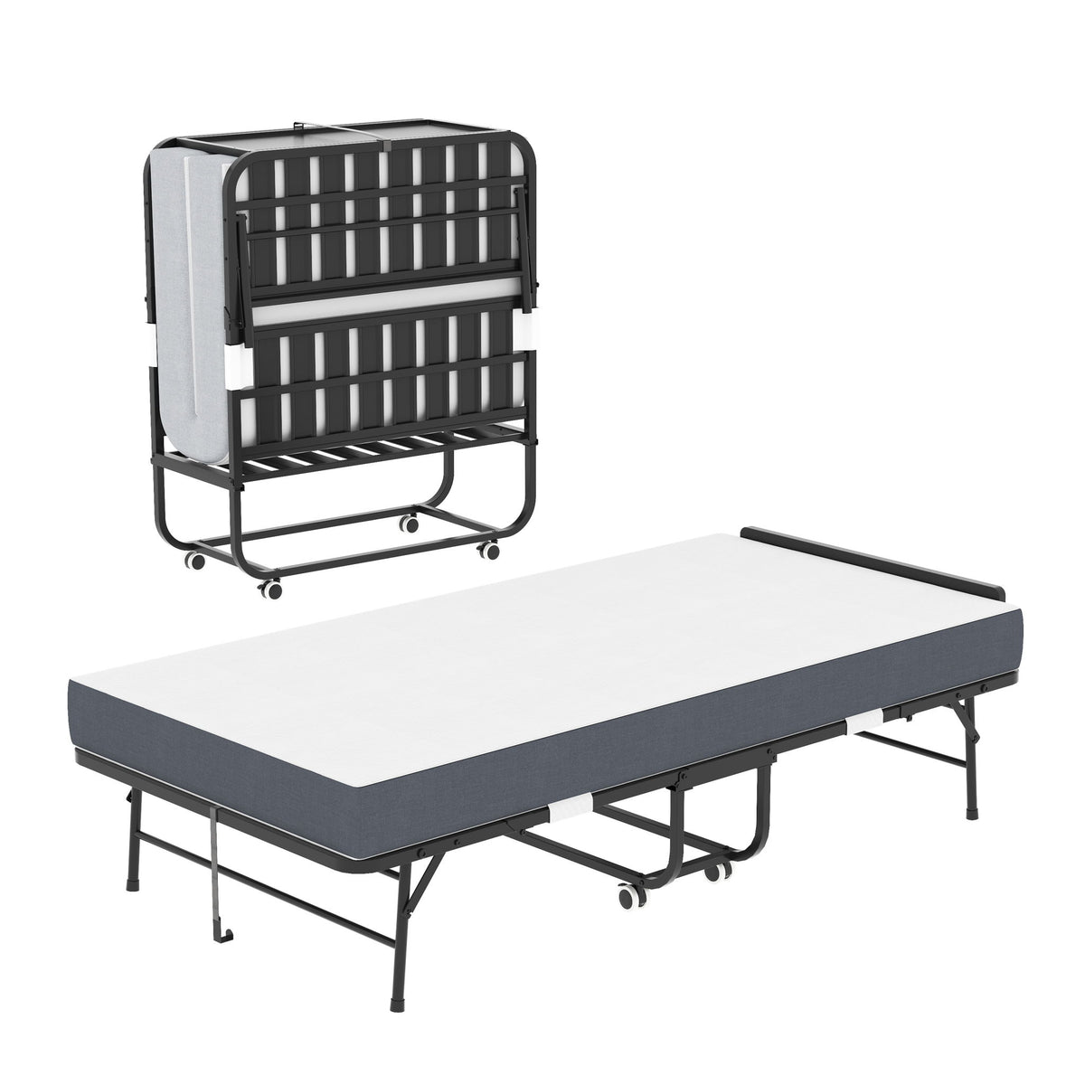 Twin Adjustable Headboard Folding Bed With Memory Foam Mattress, Heavy-Duty Frame Cot For Tall People, Portable Guest On Wheels - Black