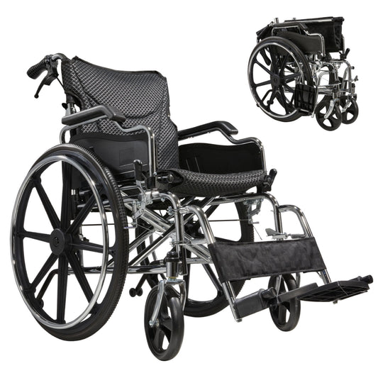 Lightweight Wheelchair Foldable 300 Lbs Capacity 24" Tires Adjustable Seat Belt And Anti Backflip Device Safe And Durable Transport Chair For And Disabled - Silver