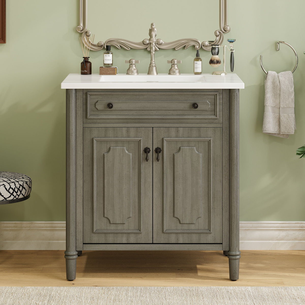 Vintage Bathroom Vanity With Sink, Rustic Cabinet With Soft Close Doors