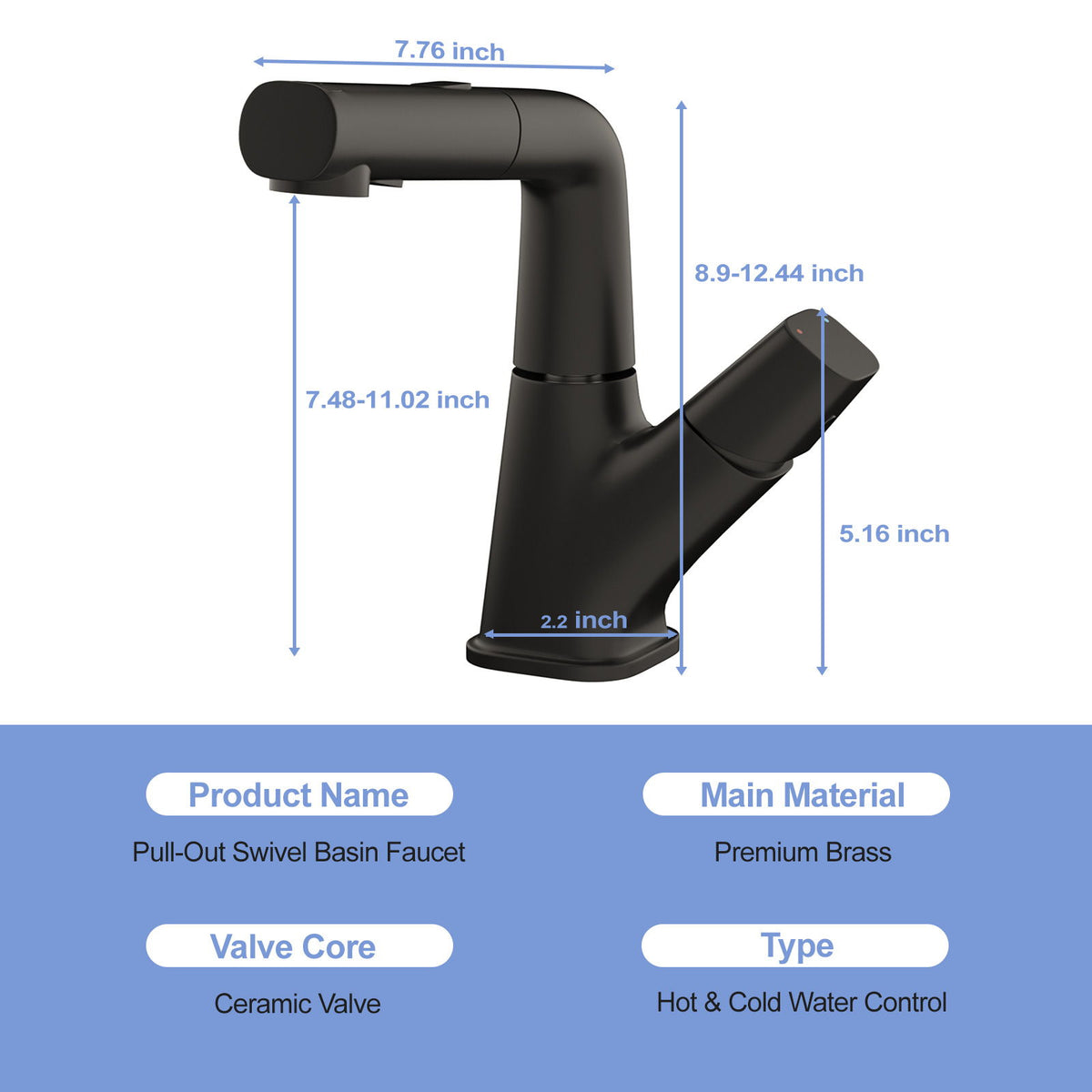 Pull Down Bathroom Sink Faucet With Three Water Modes And Construction - Matte Black