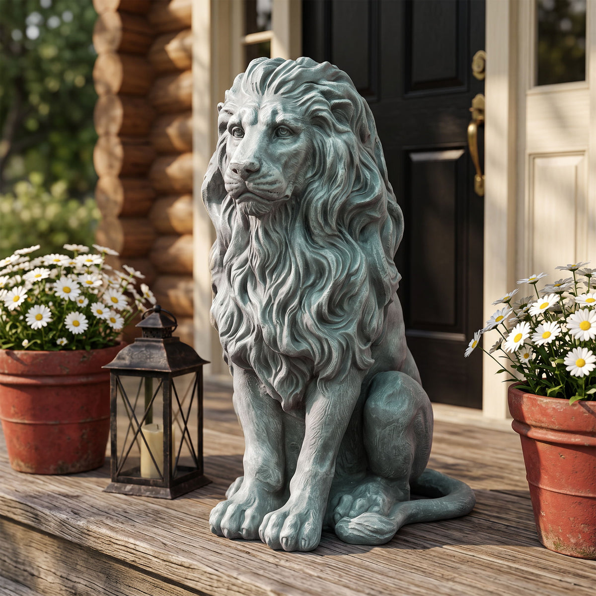 Sitting Lion Statue Outdoor Garden Lawn Decor - Grayish Green