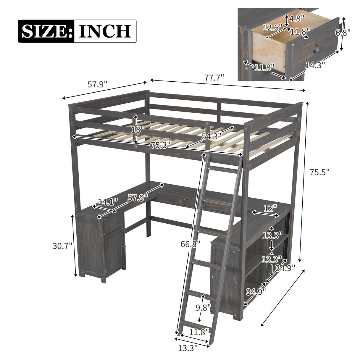 Loft Bed With U-Shaped Desk, Drawers, And Storage Shelves
