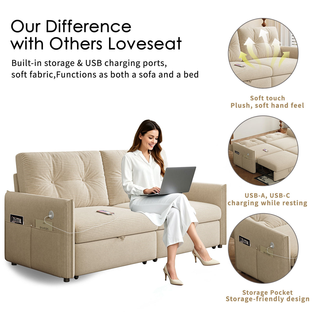 Sleeper Sofa, Expandable Sectional With Ottoman For Living Room