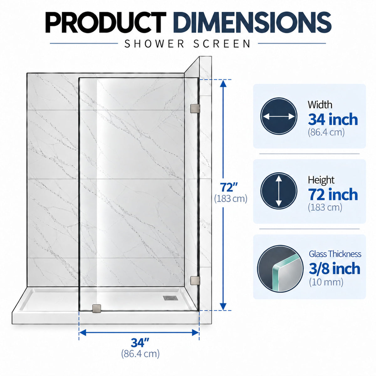 Frameless Bathtub Shower Screen, Reversible Installation