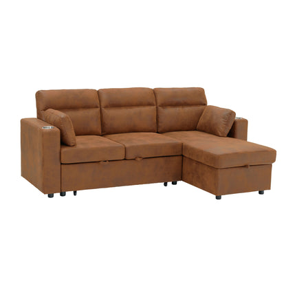 Convertible Sectional Sofa With Storage Chaise, Cup Holders And Pull Out Sleeper