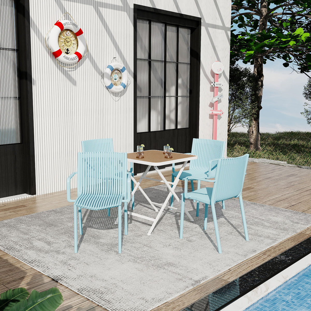 4 Modern Stackable Plastic Armchair Matched With Folding Square Table