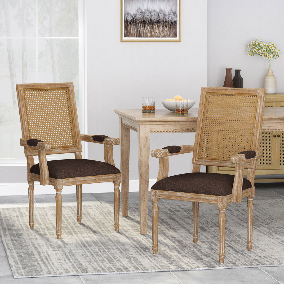 Elegant French Country Style Dining Chair With Cane Backrest