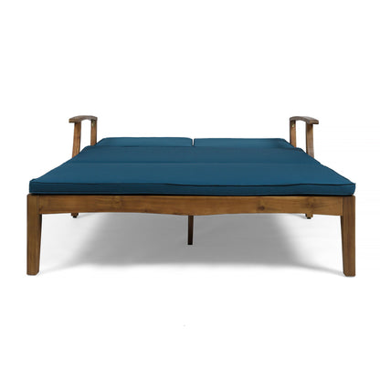 Etherealize - Outdoor Adjustable Double Chaise Lounge With Water Resistant Cushions - Teak / Blue