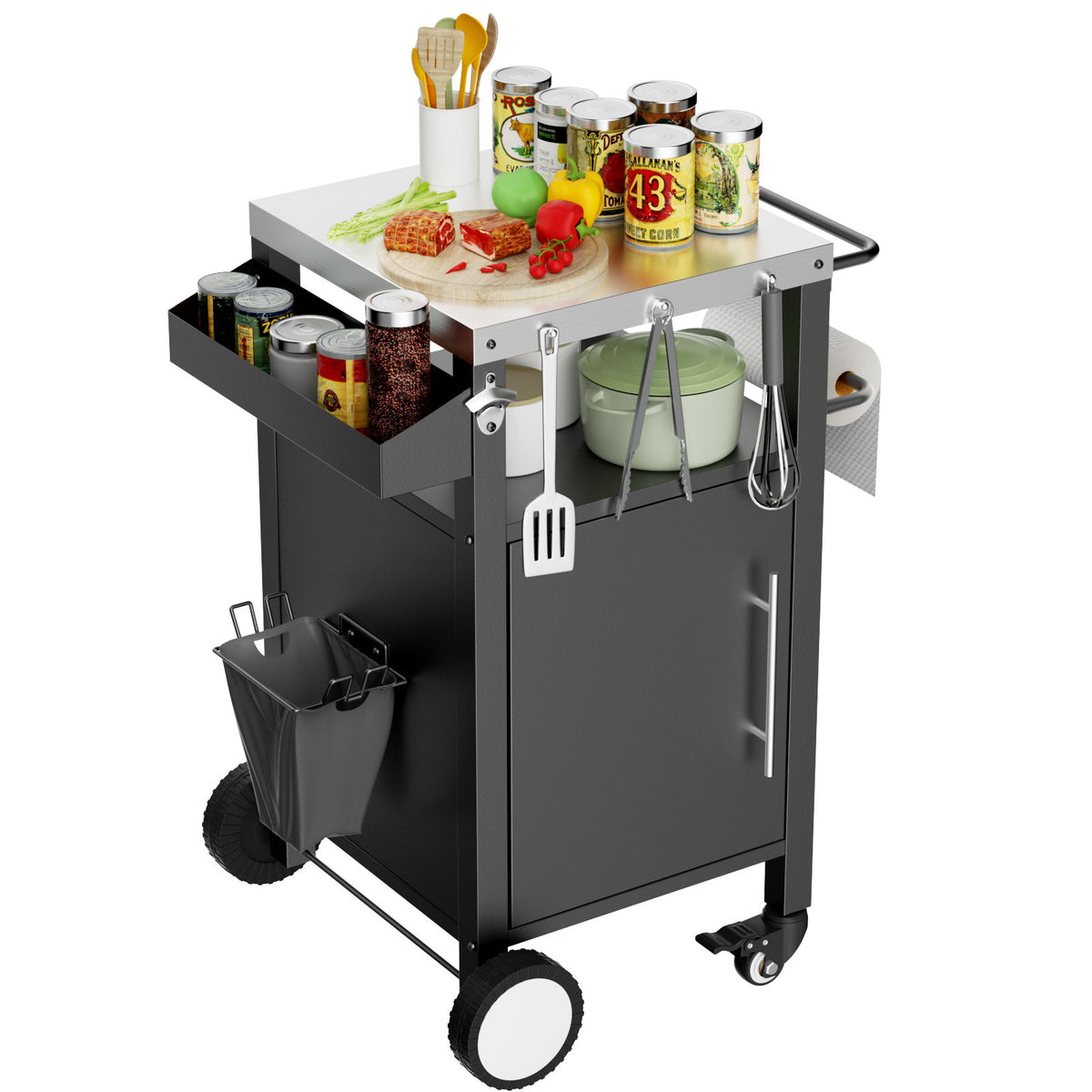 Outdoor Grill Cart With Storage, Rolling Bar Cart With Hooks And Spice Rack Stainless Steel