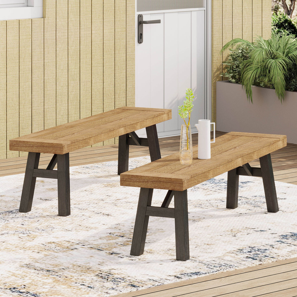 Outdoor Bench With Slat Panel Design And Acacia Wood Frame