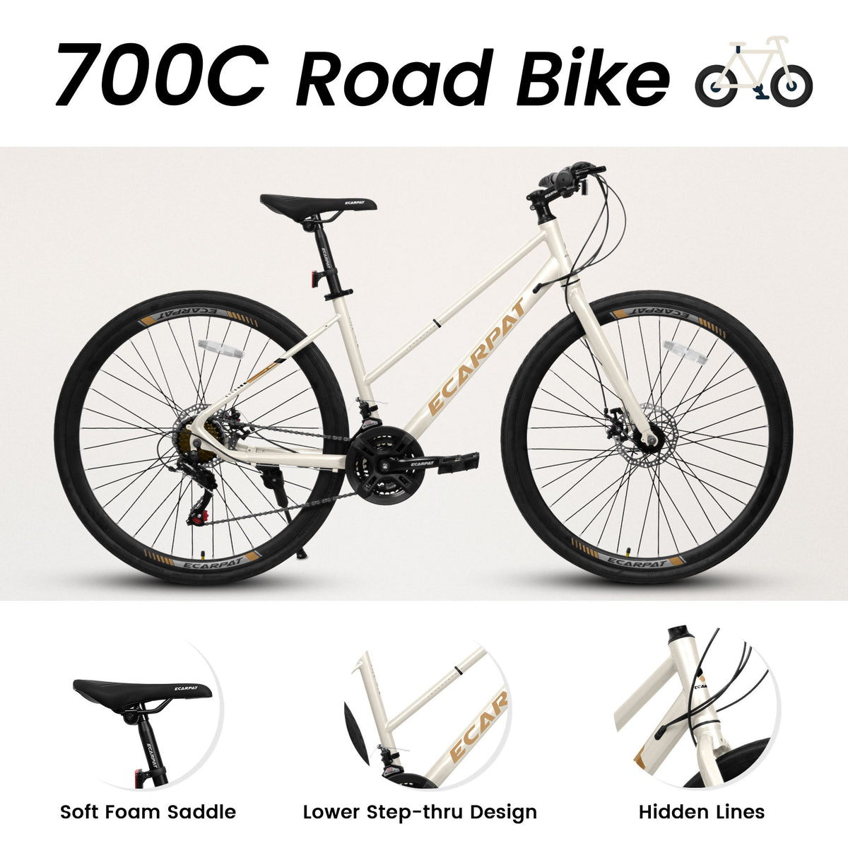 A28250 Road Bike With Aluminum Alloy Wheels, 21 Speed Gear System, Disc Brakes, Wide Tires