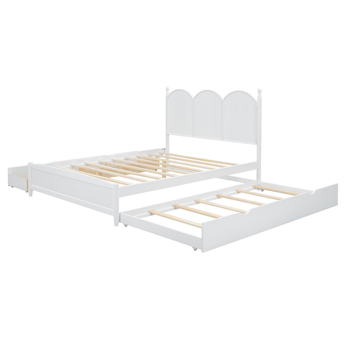 Queen Size Platform Bed With With 2 Big Drawers, Twin Long Size Trundle - White