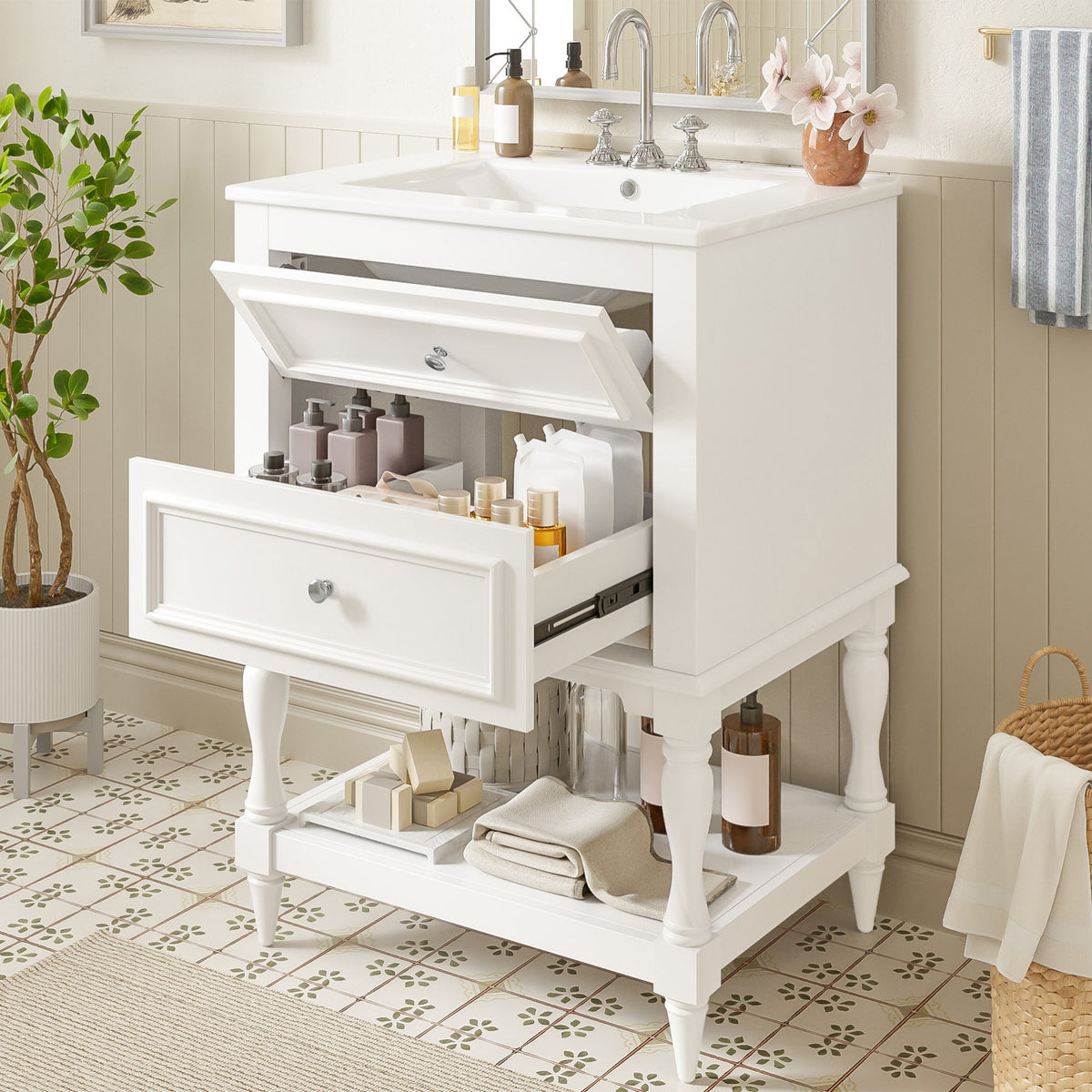Bathroom Vanity With Sink, 2 Drawers Storage Cabinet, Open Shelf