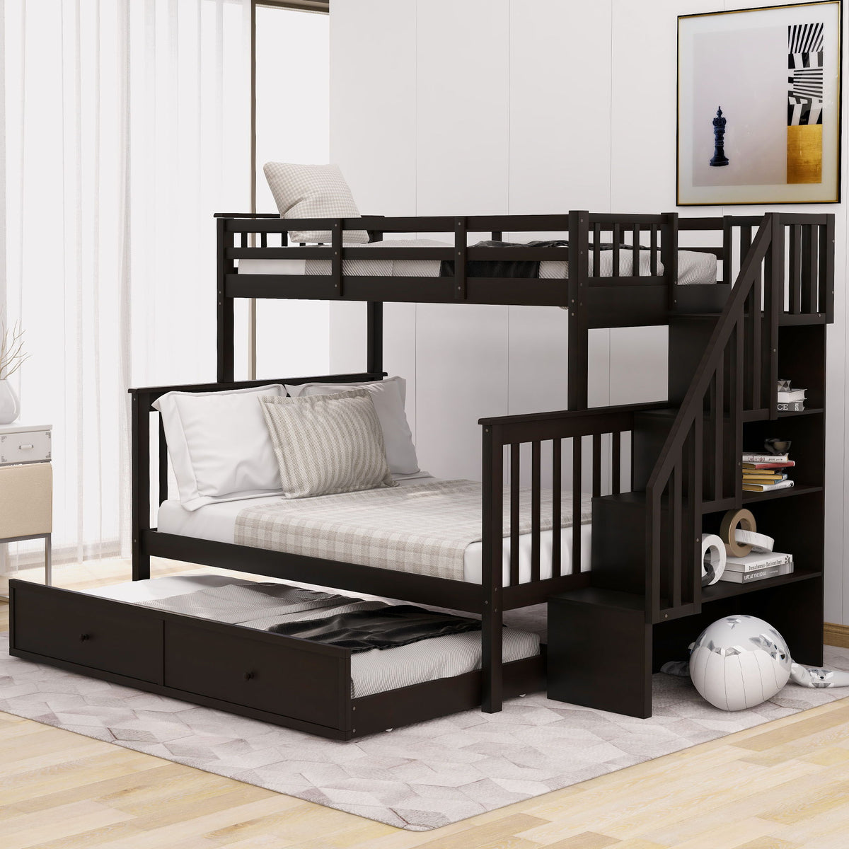 Bunk Bed With Twin Size Trundle, Storage And Guard Rail For Bedroom