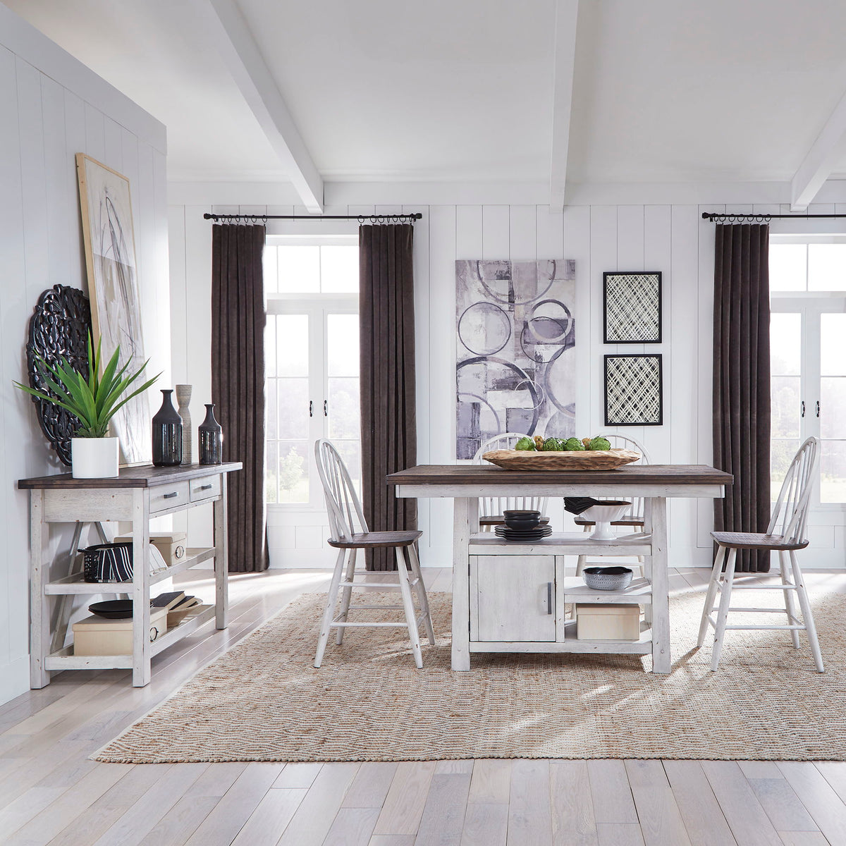 Farmhouse - 5 Piece Gathering Table Set - Two Tone White / Wood Tone
