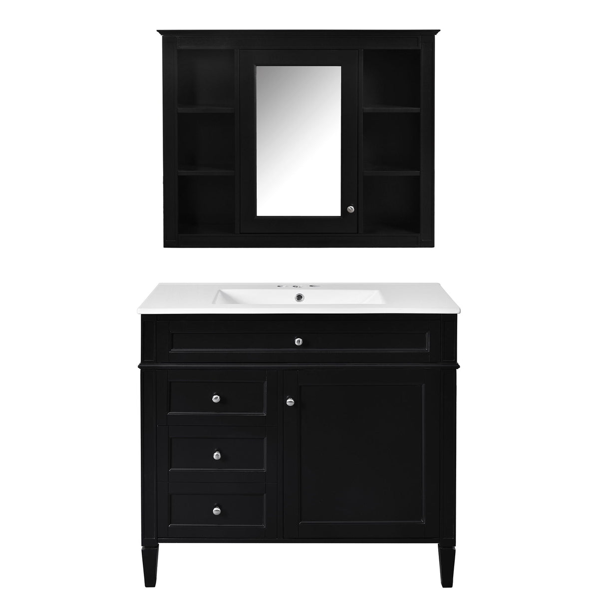 Bathroom Vanity With Mirror Cabinet, Single Sink With 2 Soft Closing Doors And 4 Drawers