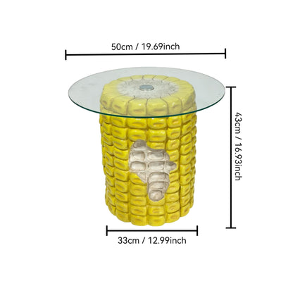 Whimsical Corn Cob Side Table With Glass Top, Accent Furniture For Indoor & Outdoor Use - Yellow