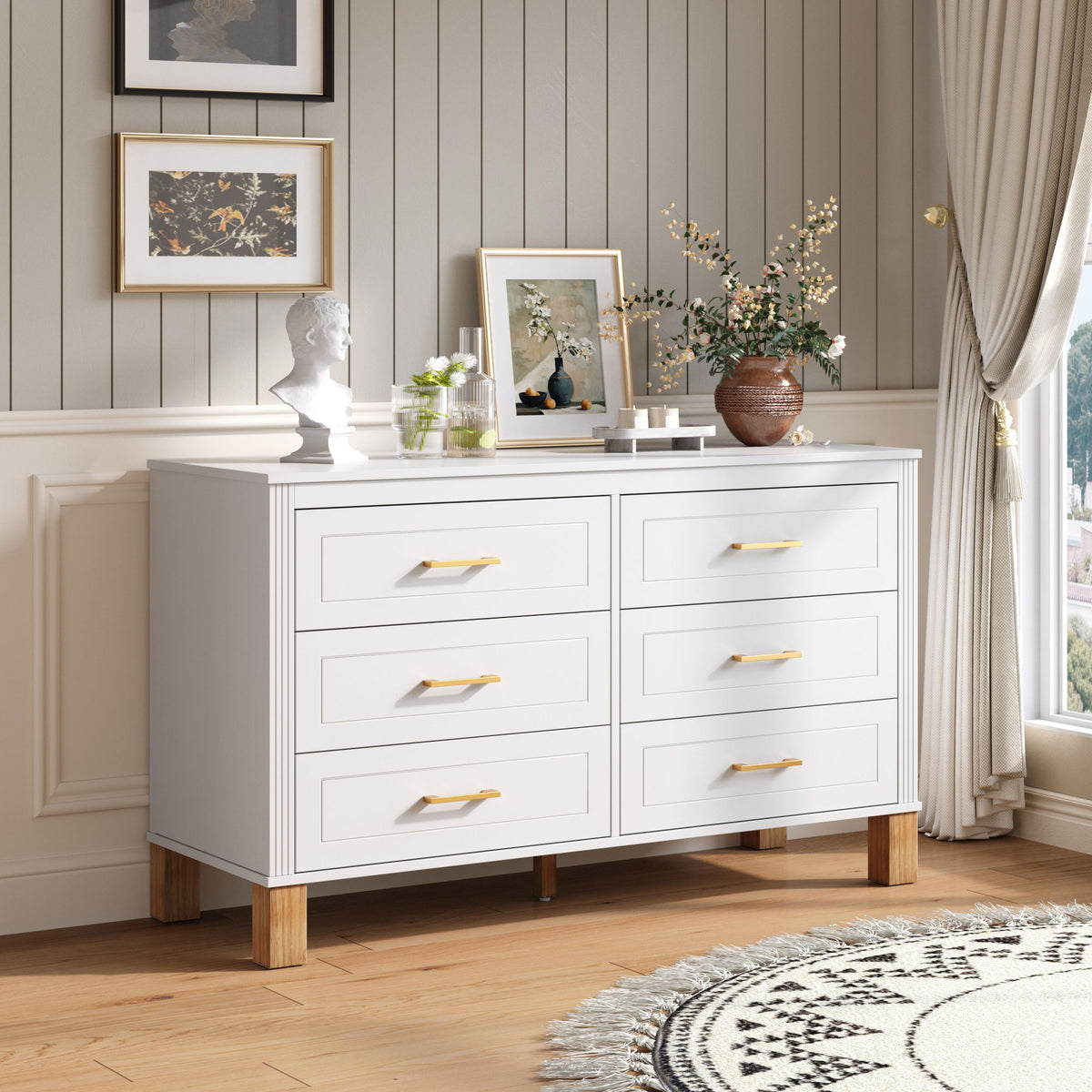 6 Drawer Double Dresser With Handles, Storage Cabinet - White