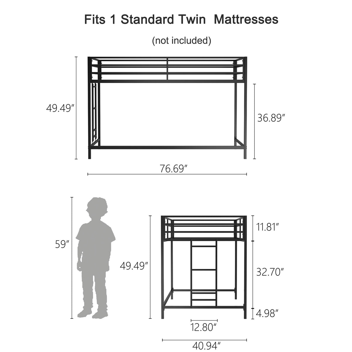 Adam - Twin Loft Bunk Bed With Cinnamon Wood Shelf - Black