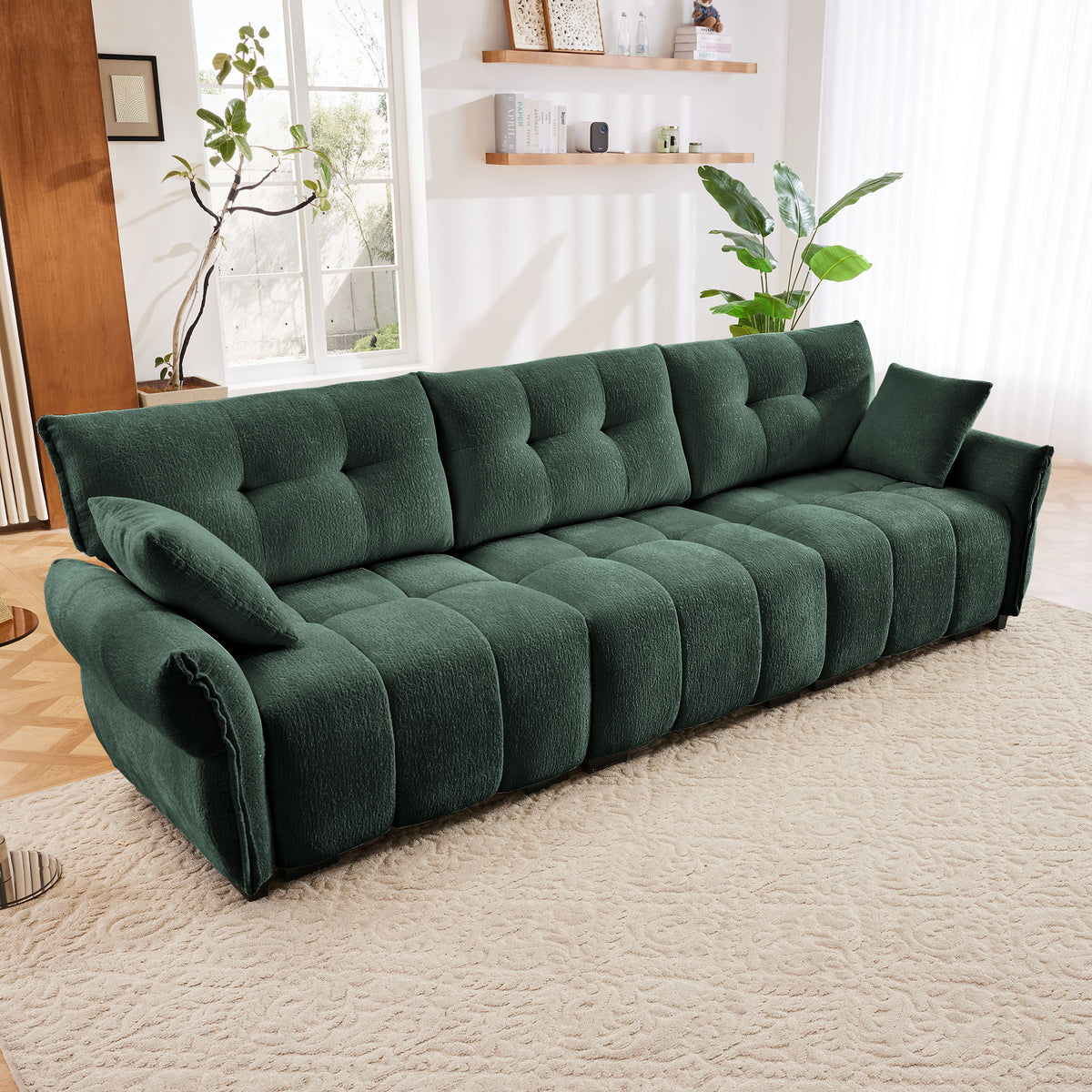 Elegant 3 Seater Sofa Set & Pillows Frame, High Rebound Cushions - Textured Green