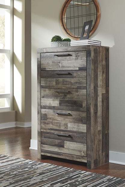 Derekson - 5 Pc. - Full Panel Headboard with Bolt on Bed Frame, Dresser, Mirror, Chest, Nightstand - Multi Gray