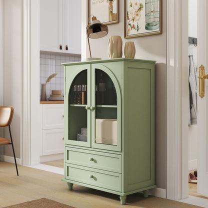 Mint Green Farmhouse Storage Cabinet, Arched Tempered Glass Door Buffet Sideboard With Tiered Top, 2‑Drawer Pantry Cabinet For Kitchen Dining Living Room Entryway Coffee Bar