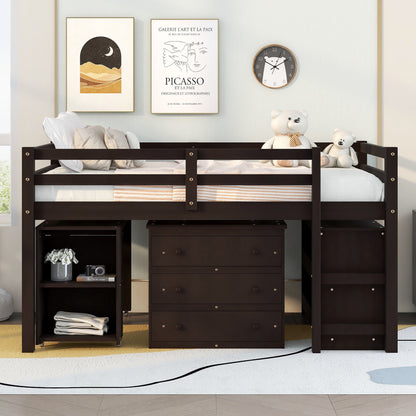Loft Low Study Bed With Cabinet, Shelves And Rolling Portable Desk, Multiple Functions