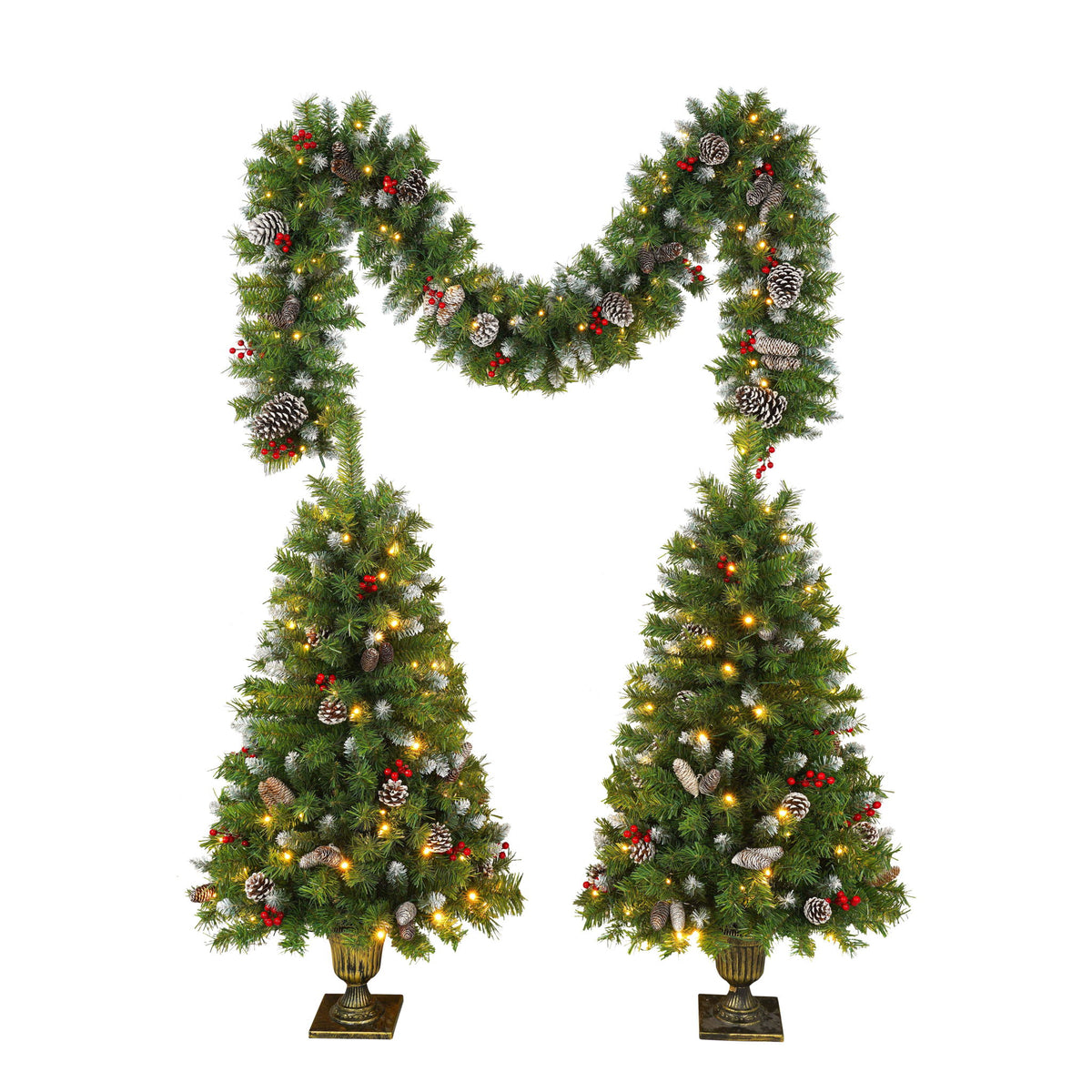 Pre Lit Artificial Christmas Tree Set With LED Lights, 3 Piece Garland And Entrance Trees, Warm Lighting, Indoor Use Only - Green