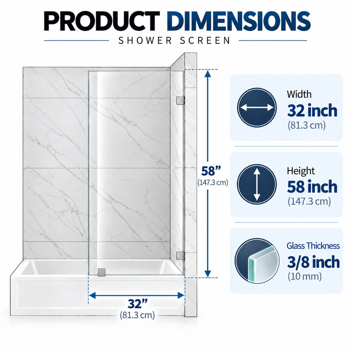 Frameless Bathtub Shower Screen, Reversible Installation