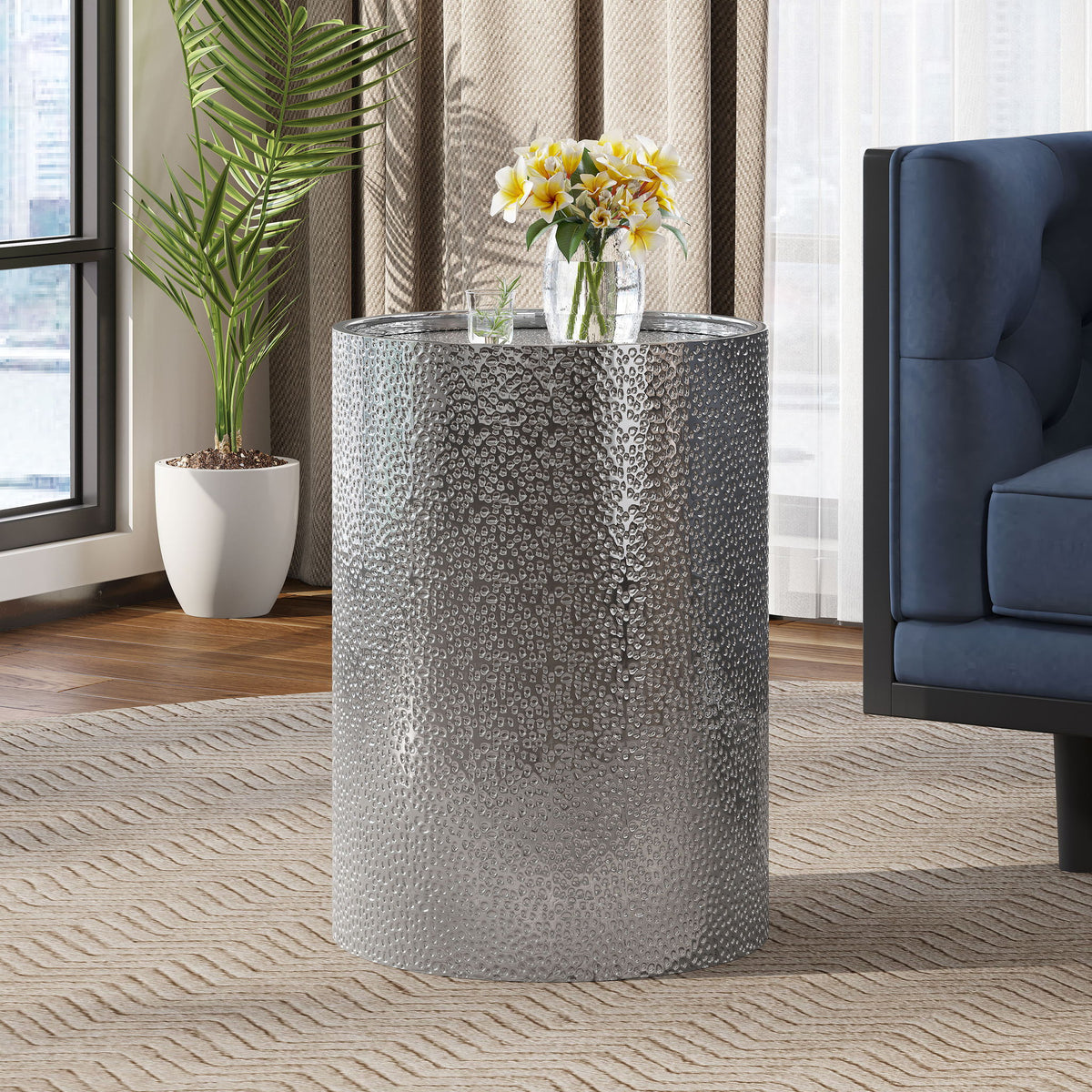 Modern Round Accent Table With Hammered Surface