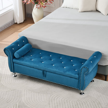 Storage Bench With Crystal Buttons And 1 Pillow For Bedroom